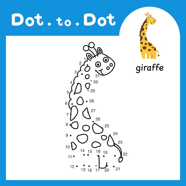 Gioco educativo punto per punto e libro da colorare di cartone animato animale giraffa per attività di bambini in età prescolare sull'apprendimento del conteggio dei numeri e della pratica della scrittura a mano illustrazione vettoriale del foglio di lavoro