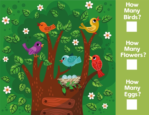 Gioco matematico educativo per bambini Quanti uccelli fiori uova riesci a contare