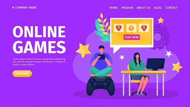 Gioco online della console di computer, illustrazione. Gioca con il concetto di tecnologia joystick controller, personaggio di giocatori.