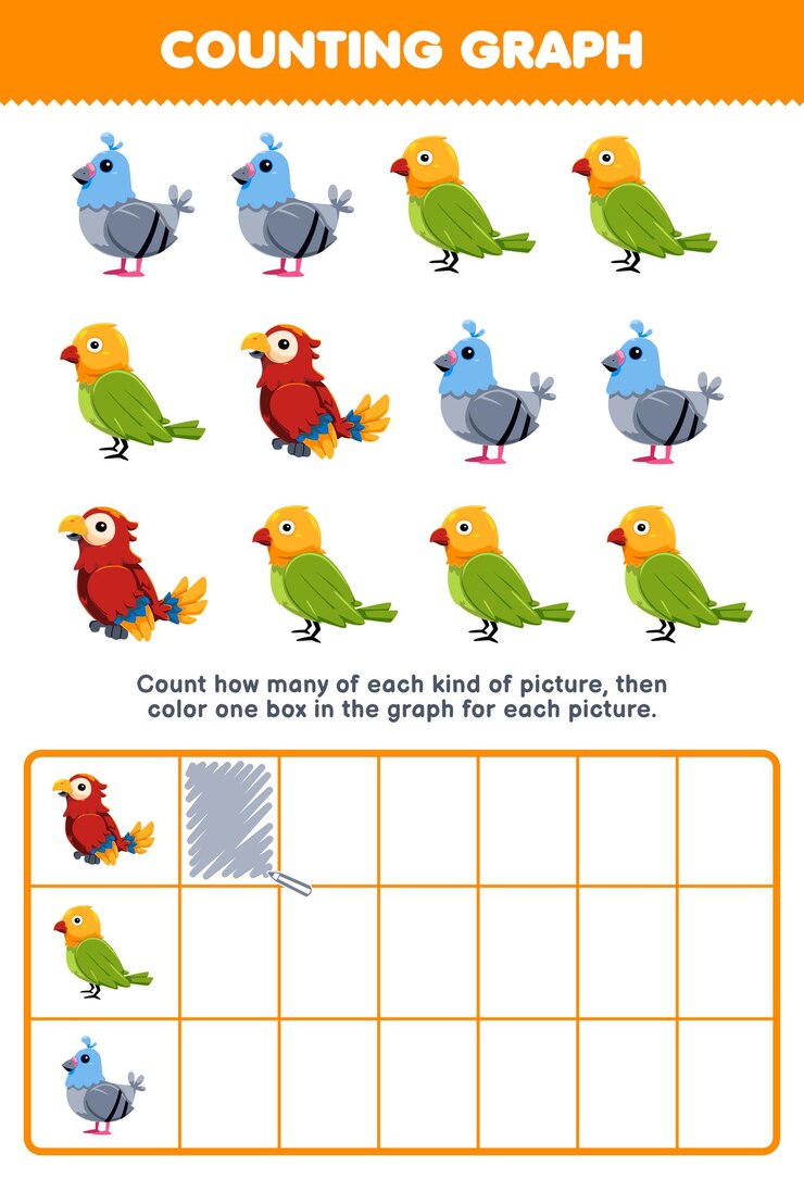 Vettore gioco per bambini contare quanti uccelli poi colorare la scatola nel grafico stampabile foglio di lavoro per animali domestici