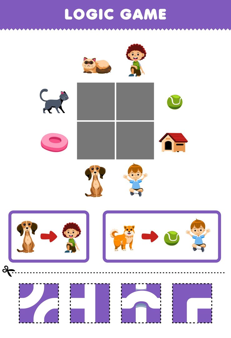 Vettore gioco per bambini puzzle logico costruire la strada per il cane spostare al ragazzo foglio di lavoro animale domestico