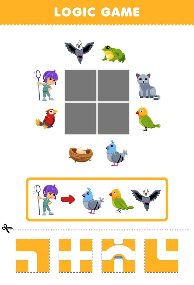 Vettore gioco per bambini puzzle logico costruire la strada per il veterinario spostarsi al foglio di lavoro animale domestico uccello