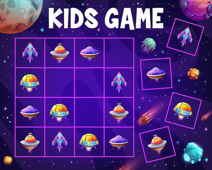 Vettore gioco per bambini sudoku ufo e navette aliene