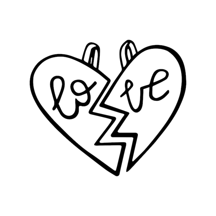 Vettore gioielli un ciondolo a forma di cuore spezzato in due metà con la scritta amore un ciondolo per gli amanti illustrazione vettoriale disegnato a mano in stile doodle isolato per le carte san valentino