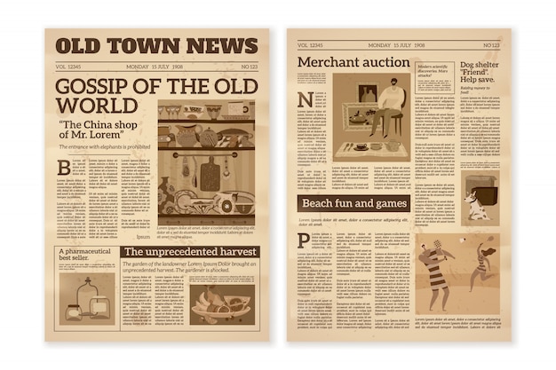 Giornale retrò. Quotidiani gialli giornali vecchi giornali. Pagine dei giornali dei media. Diario di carta vintage