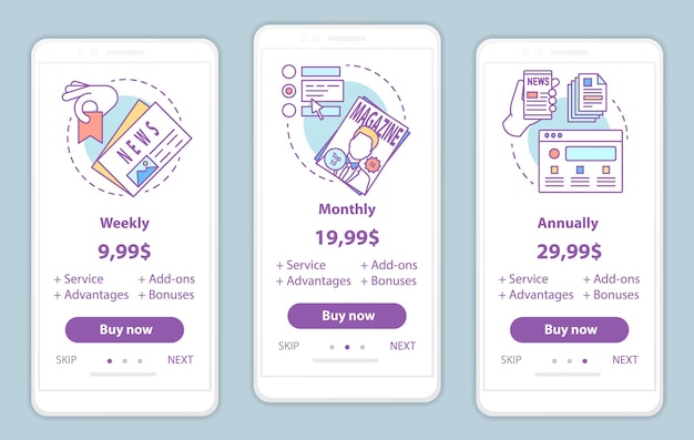 Giornali, abbonamenti a riviste a bordo delle schermate delle app mobili con i prezzi dei servizi. Pubblicazioni periodiche walkthrough modelli di pagine del sito web. Fasi dei piani tariffari. Layout pagina web pagamento smartphone