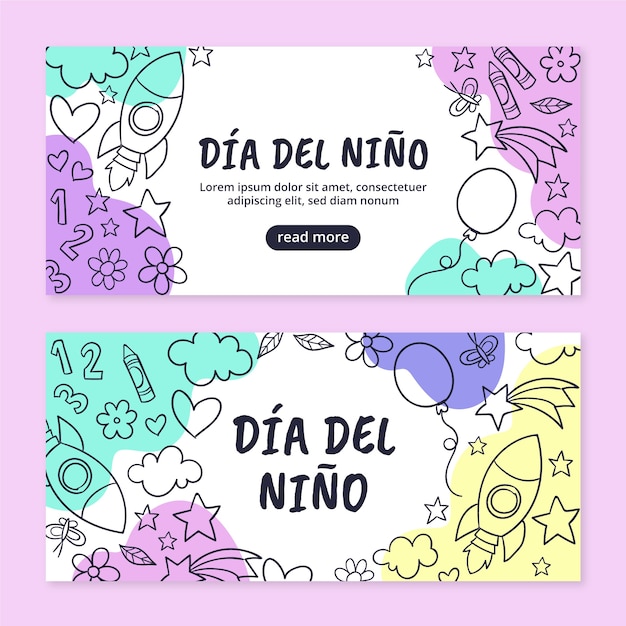 Giornata dei bambini disegnata a mano in set di banner orizzontali spagnoli