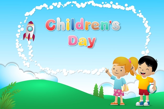 Giornata dei bambini svegli del fumetto nella priorità bassa della natura con il razzo volante