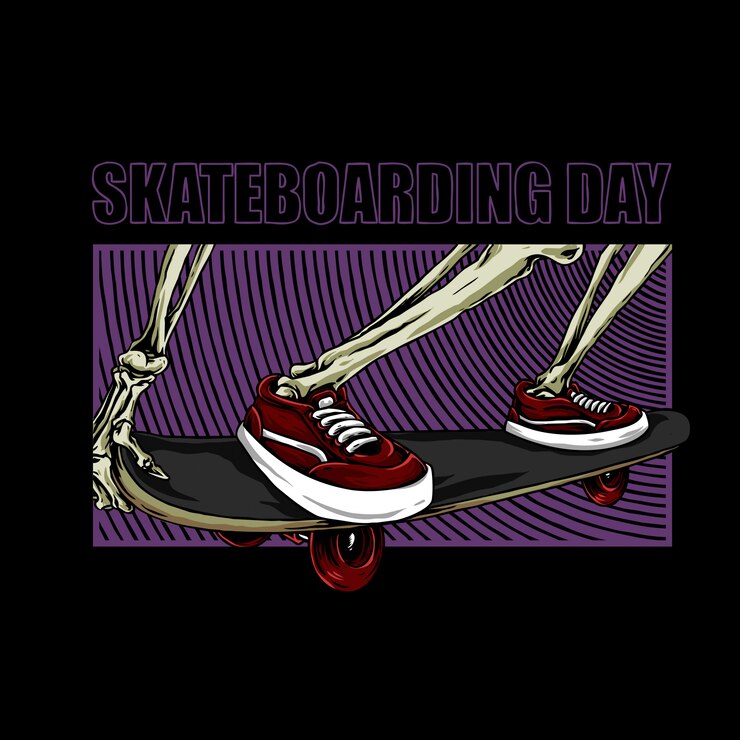 Giornata di skateboard, gambe di scheletro su uno skate