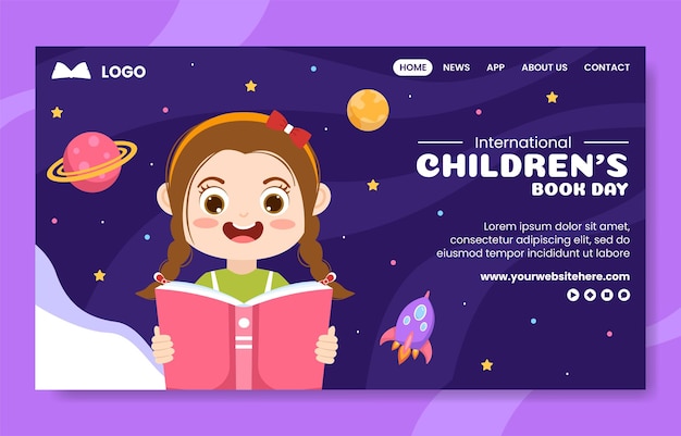 Giornata internazionale del libro per bambini Illustrazione del modello disegnato a mano del fumetto della pagina di destinazione dei social media