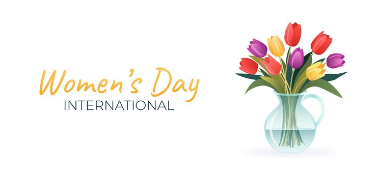 Vettore giornata internazionale della donna, 8 marzo banner con vaso isolato e bouquet di tulipani fiori primaverili