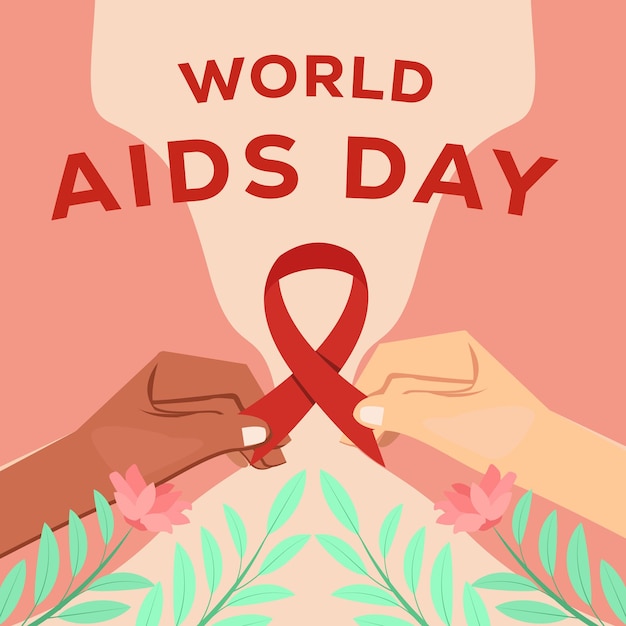 Giornata mondiale contro l'aids piatto con le mani che tengono il nastro rosso dell'arco