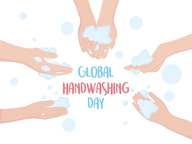 Giornata mondiale del lavaggio delle mani, lettere scritte a mano con illustrazione di schiuma