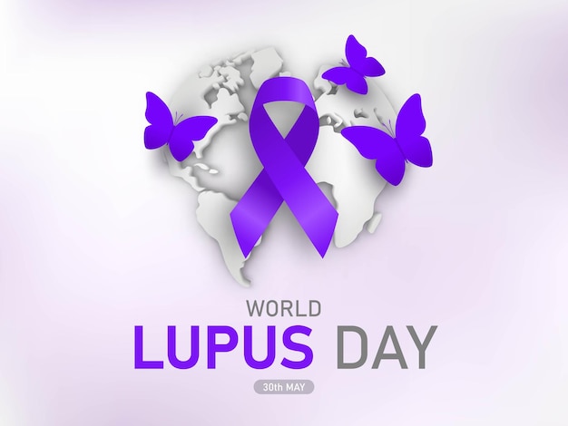 Giornata mondiale del lupus Design con nastro viola e farfalla per la consapevolezza dell'autoimmunità cronica