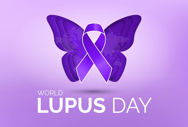 Giornata mondiale del lupus Design con nastro viola e farfalla per la consapevolezza dell'autoimmunità cronica