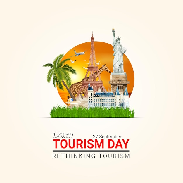Giornata mondiale del turismo con elementi di viaggio sfondo bianco sporco