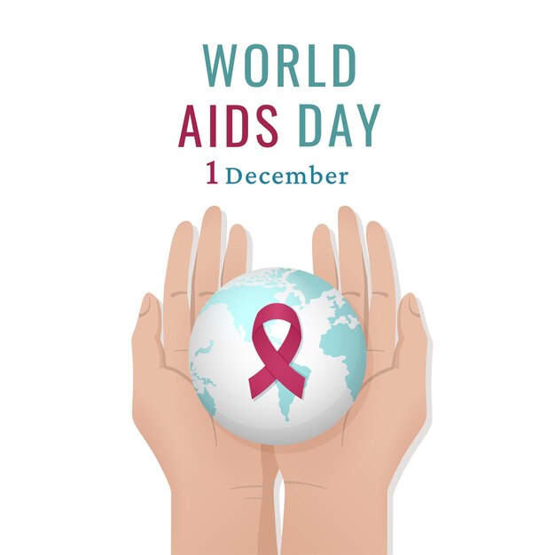 Giornata mondiale dell'AIDS Consapevolezza dell'AIDS Nastro rosso e mondo nelle mani su sfondo bianco Illustrazione vettoriale