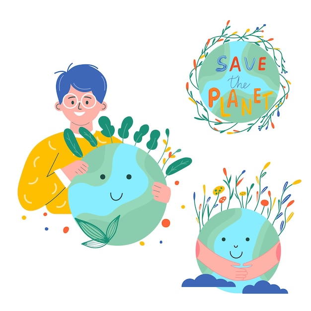 Giornata mondiale dell'ambiente Happy Earth Day Ecology ricicla zero rifiuti illustrazione vettoriale Eco badge natura pianta Design per shopping bag tshirt abbigliamento vestiti banner Salva pianeta
