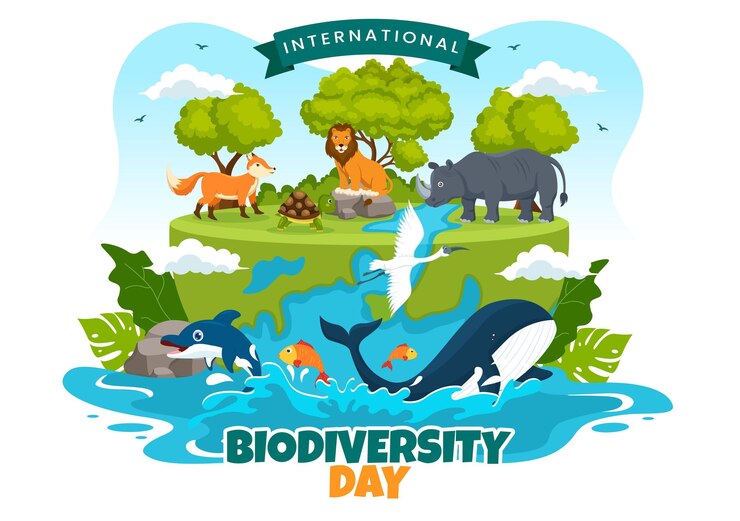 Vettore giornata mondiale della biodiversità il 22 maggio illustrazione con diversità biologica e animale nei modelli