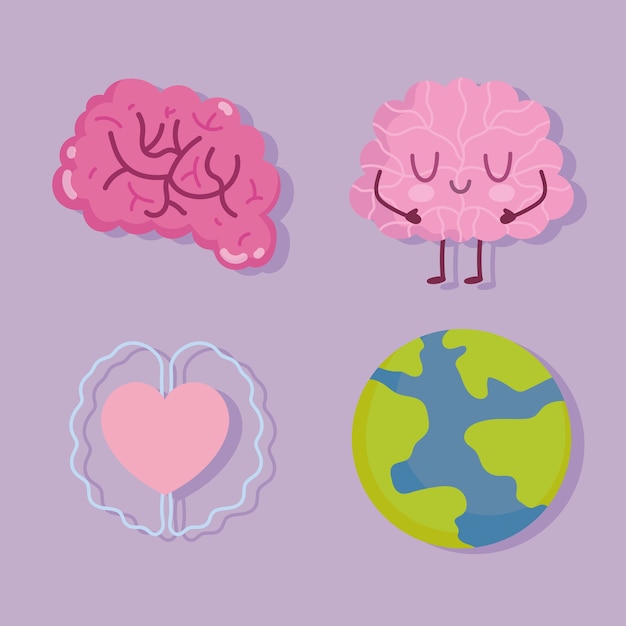 Giornata mondiale della salute mentale, personaggi del cervello umano pianeta e icone del cuore