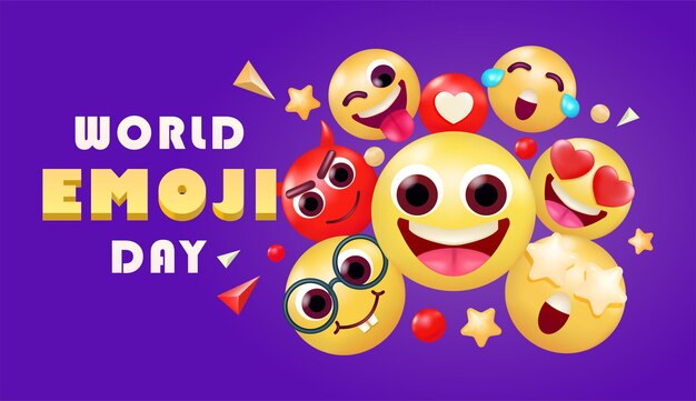 Giornata mondiale delle emoji faccia emoji carina e diverse espressioni facciali con stelle e elementi d'amore Perfetto per eventi ed elementi di design