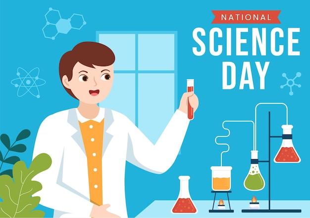 Giornata nazionale della scienza 28 febbraio relativa al liquido chimico e alla ricerca nell'illustrazione piatta