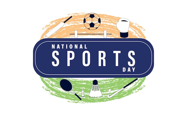 Giornata nazionale dello sport design isolato di hockey, badminton, mazza da cricket, calcio, sollevamento pesi