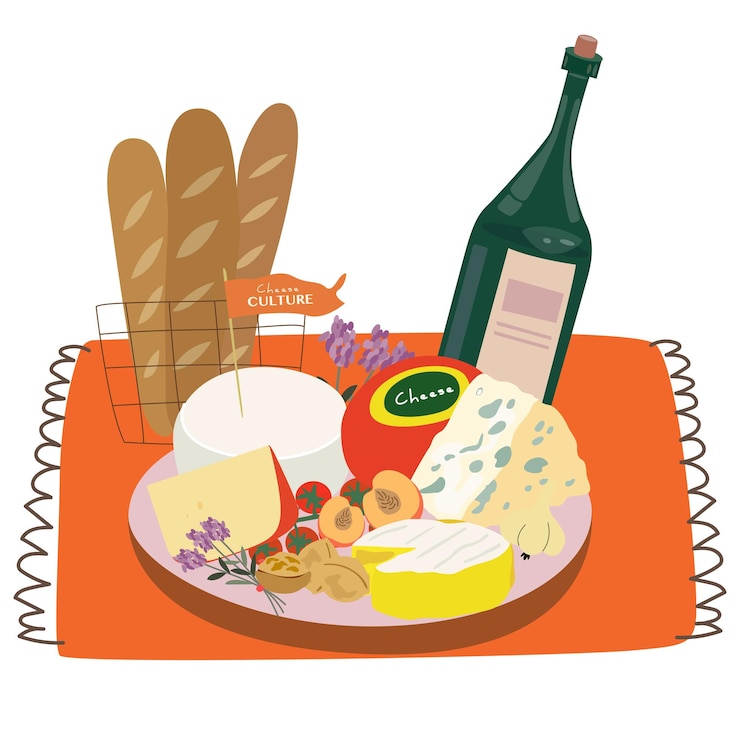 Vettore giorno degli amanti del formaggio brie piatto formaggio dorblu cheddar parmigiano vino camembert