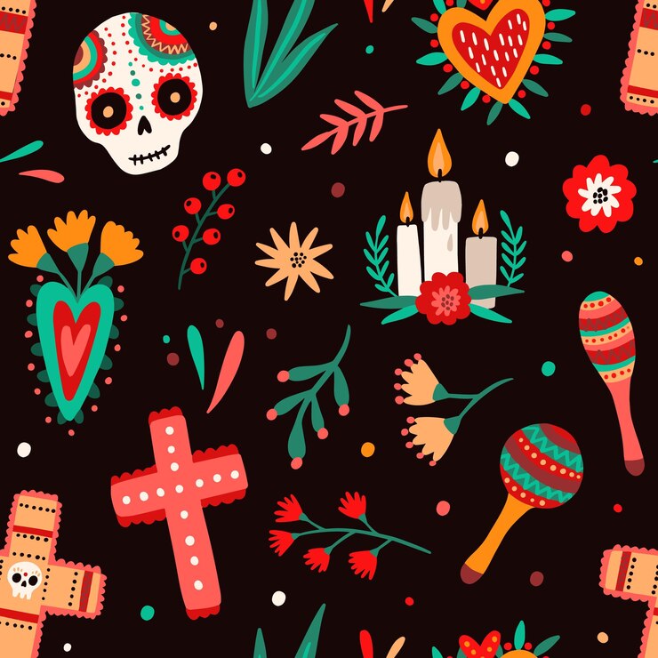 Vettore giorno del modello senza cuciture di festa messicana tradizionale morta. attributi nazionali - teschi di zucchero, candele, croce, fiori e agitatori di maraca illustrazione piatta vettoriale. modello di carta da parati celebrativo.
