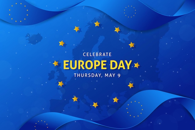 Giorno dell'Europa 3 maggio bandiera a nastro ondulato su sfondo blu bandiera della Giornata dell'Indipendenza dell'Europa