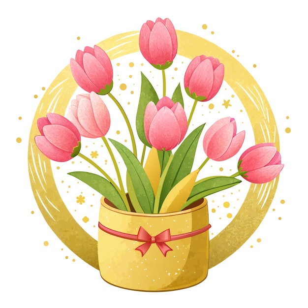 Giorno della donna Giorno della madre Bouquet di tulipani rosa in stile glamour luccicante dorato illustrazione ad acquerello su sfondo bianco