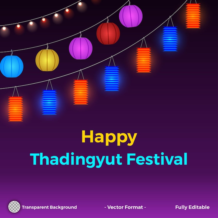 Vettore giorno di luna piena dello sfondo del festival thadingyut con lanterne e lampadine