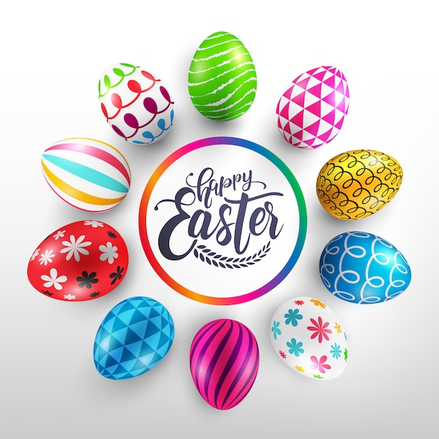 Giorno di Pasqua con uova di Pasqua colorate colorate e nastro.