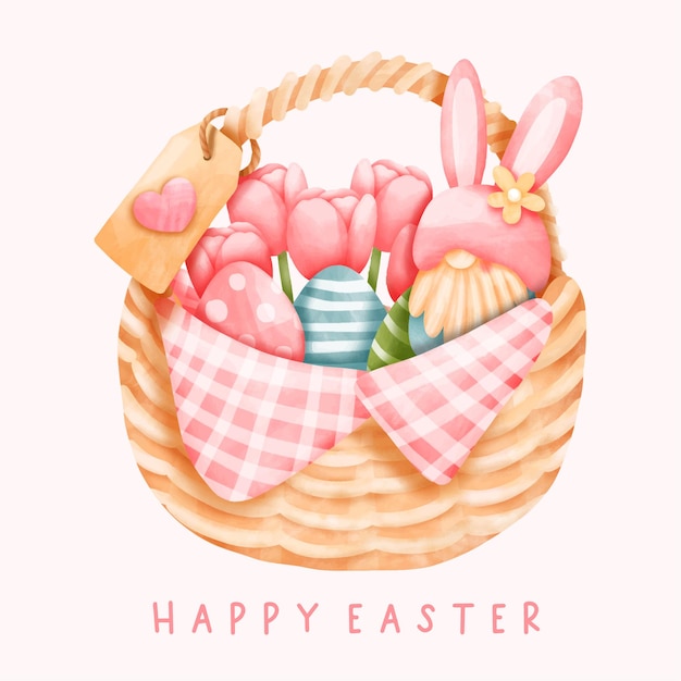 Giorno di Pasqua dell'acquerello con coniglietto gnomo e cesto di uova di Pasqua