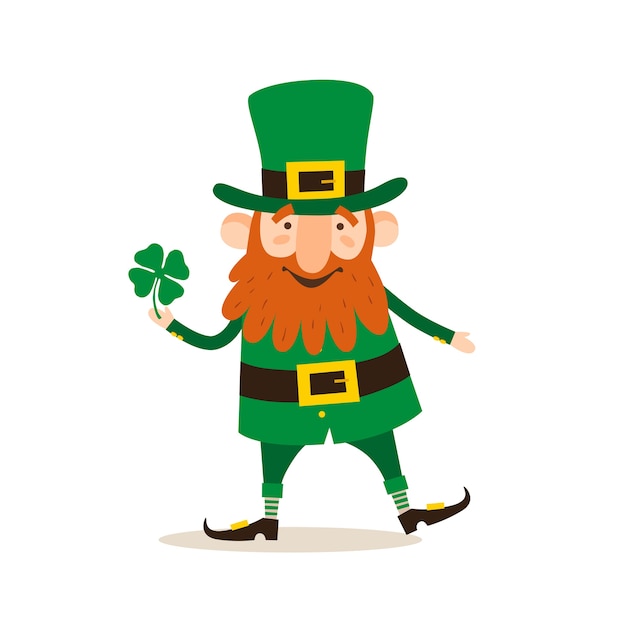 Giorno di San Patrizio. Leprechaun divertente con foglia di trifoglio su sfondo chiaro. illustrazione.