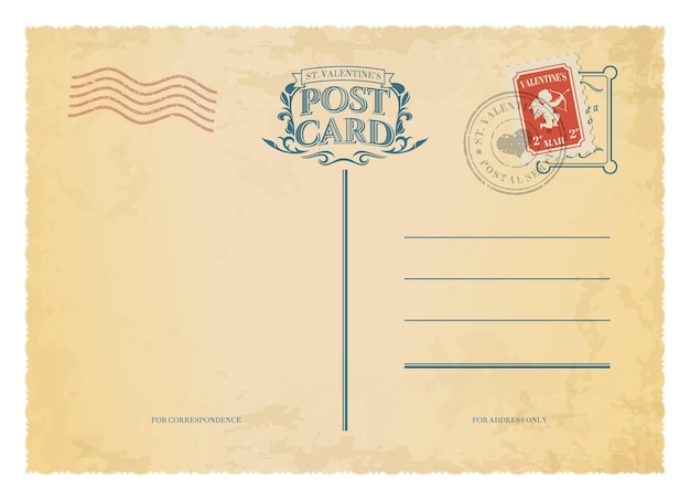 Giorno di San Valentino cartolina antica francobollo retrò e posta vintage Modello di sfondo seppia grungy vettoriale della cartolina postale festiva per la celebrazione della vacanza di San Valentino lato posteriore beige con segni