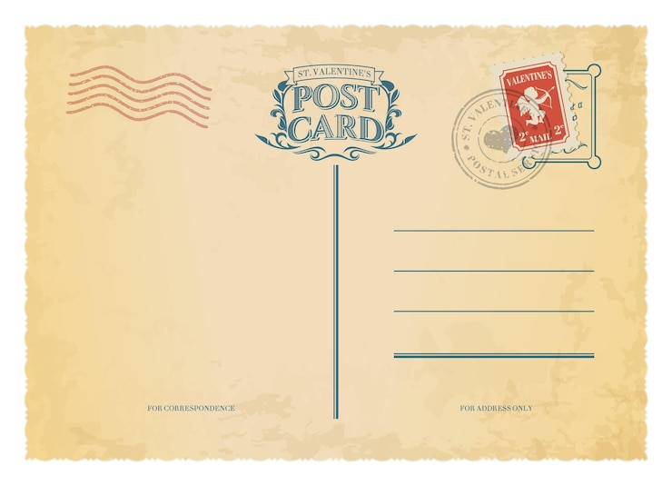 Vettore giorno di san valentino cartolina antica francobollo retrò e posta vintage modello di sfondo seppia grungy vettoriale della cartolina postale festiva per la celebrazione della vacanza di san valentino lato posteriore beige con segni