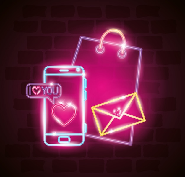 Giorno di San Valentino con smartphone e icone di luci al neon