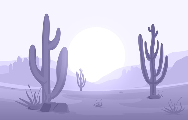 Giorno nel vasto deserto americano occidentale con l'illustrazione del paesaggio di orizzonte del cactus