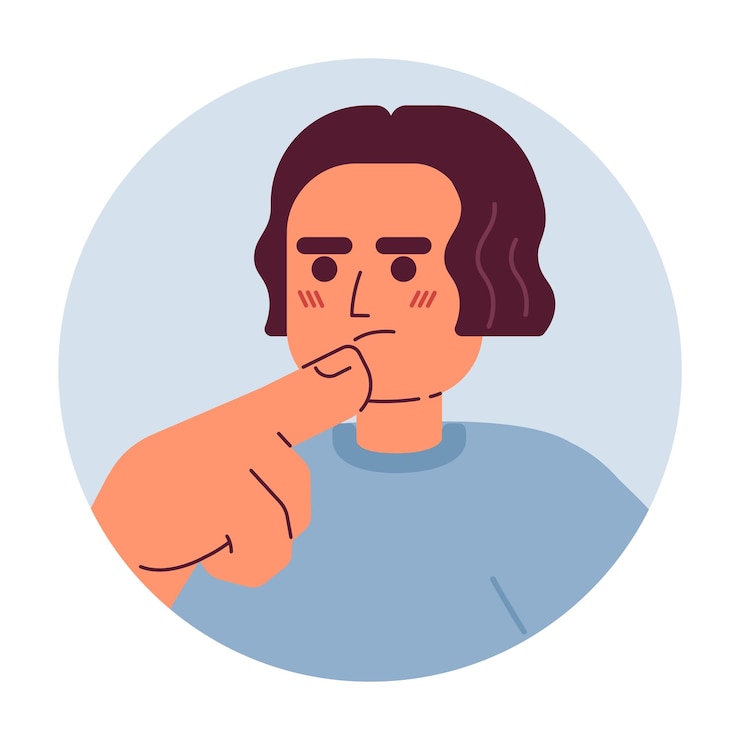 Vettore giovane adulto coreano che tocca il mento illustrazione avatar vettoriale 2d studente universitario asiatico pensieri maschili fissando il volto del personaggio dei cartoni animati prendere decisioni immagine di profilo utente a colori piatti isolata sul bianco