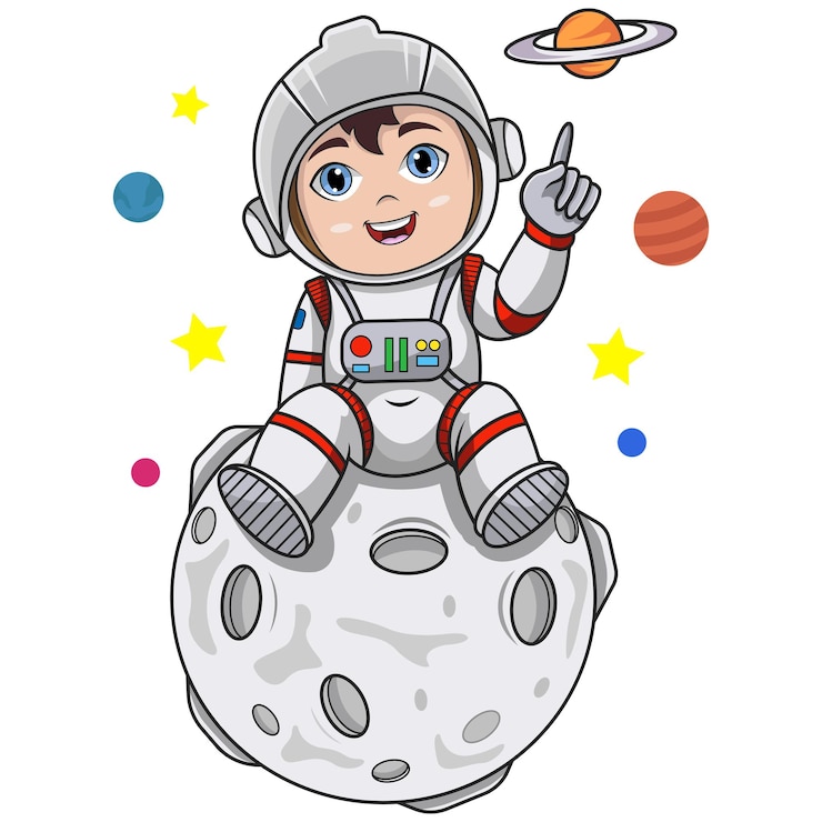 Vettore giovane astronauta dei cartoni animati seduto sulla luna