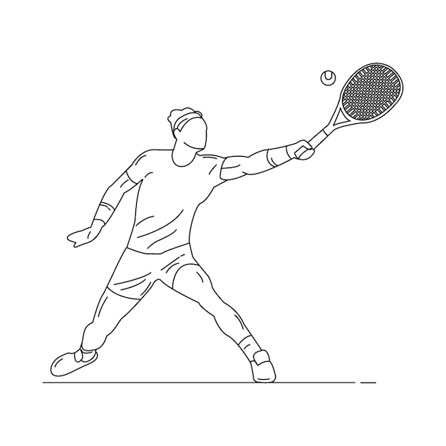 Giovane atleta che gioca a tennis e colpisce la palla con la racchetta Illustrazione del profilo vettoriale isolata su sfondo bianco