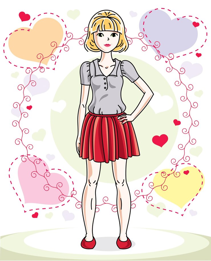 Vettore giovane bella donna bionda in posa su sfondo luminoso con cuori amorosi e indossando abiti casual. illustrazione femminile attraente di vettore. cartone animato a tema san valentino.