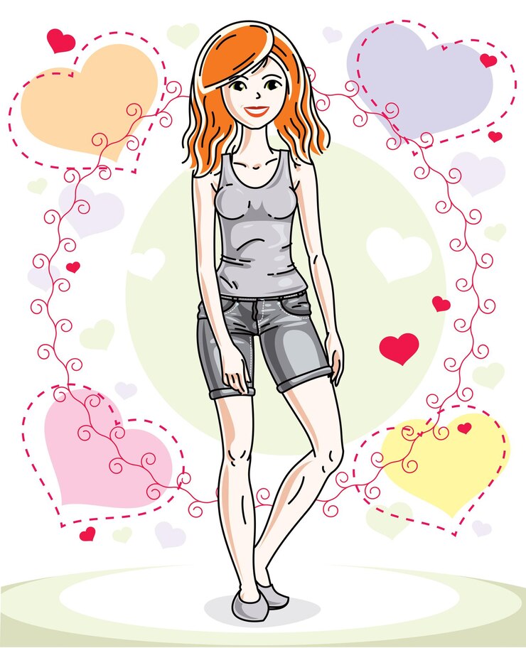 Vettore giovane bella donna dai capelli rossi in piedi su uno sfondo colorato con cuori romantici e indossando abiti casual. carattere vettoriale.