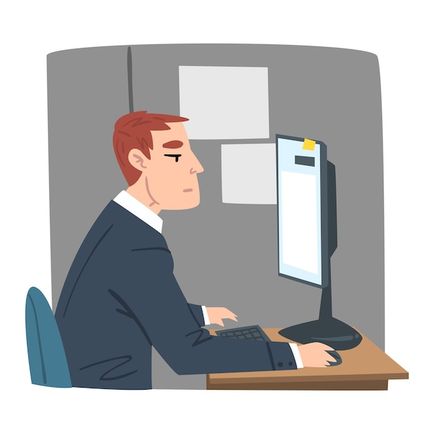 Giovane che lavora al computer in ufficio Uomo d'affari o impiegato routine quotidiana Illustrazione vettoriale in stile cartone animato