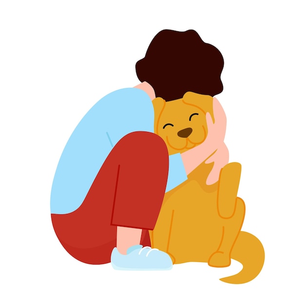 Giovane che si siede e che abbraccia un grosso cane