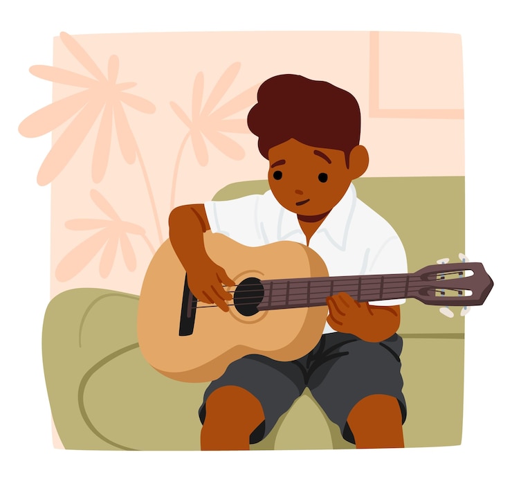 Vettore giovane chitarrista ragazzo suona con gioia le dita danzano sulle corde occhi innocenti fissati sullo strumento persi nelle melodie dell'immaginazione e la bellezza della musica persone dei cartoni animati illustrazione vettoriale