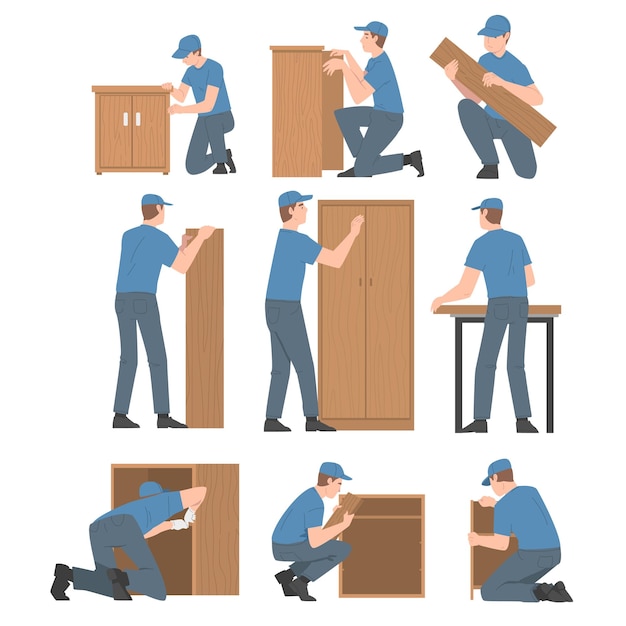 Giovane con cappello blu che assembla e installa un set vettoriale di mobili in legno
