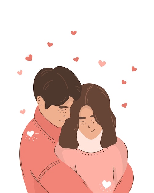 Giovane coppia innamorata abbraccia la cartolina e l'illustrazione di San Valentino Uomo e donna Giovine coppia