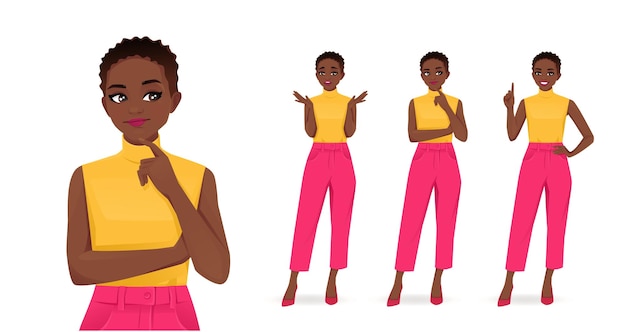 Giovane donna afroamericana in abiti dai colori vivaci frustrata pensando e facendo idea puntando